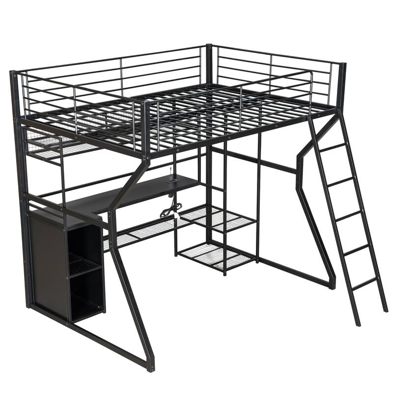 Full Size Metal Gaming Loft Bed With Built-In Work Station, Open Wardrobe, Led And Multiple Storage, Black