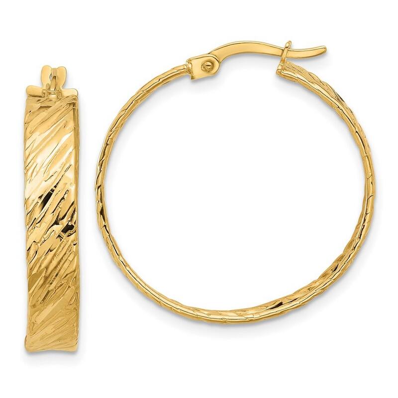 Curata 14k Yellow Gold Polished and Textured Round Hoop Earrings - 27x27mm