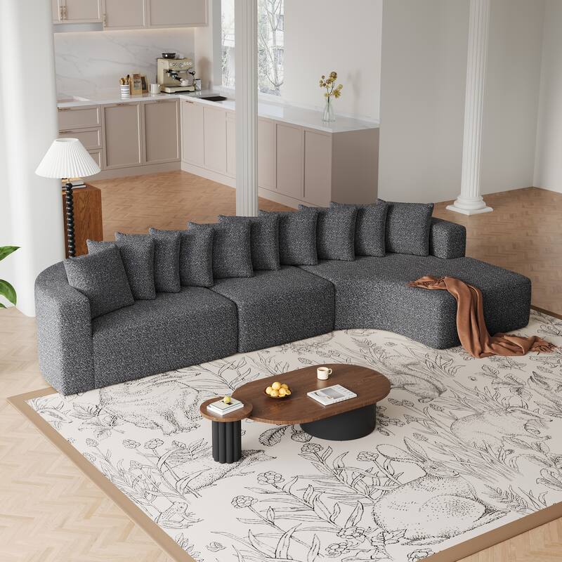 Living Room Chenille Corner Couch Curved Sectional Sofa with Chaise and 10 Pillows, Floor Standing Modular Compressed Sofa