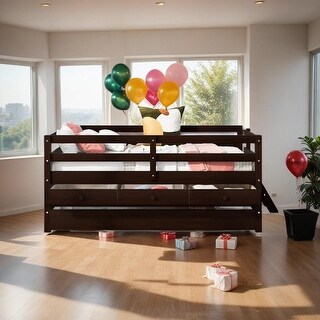 Low Loft Bed Twin Size with Trundle, ladder and Storage Drawers, Espresso