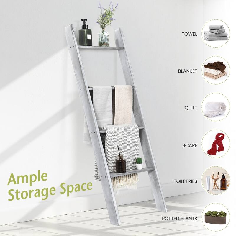 54” Leaning Wooden Blanket Ladder Rack for Storage Decorative Towel Shelf for Bedroom and Bathroom - 20" x 3" x 54" (L x W x H)
