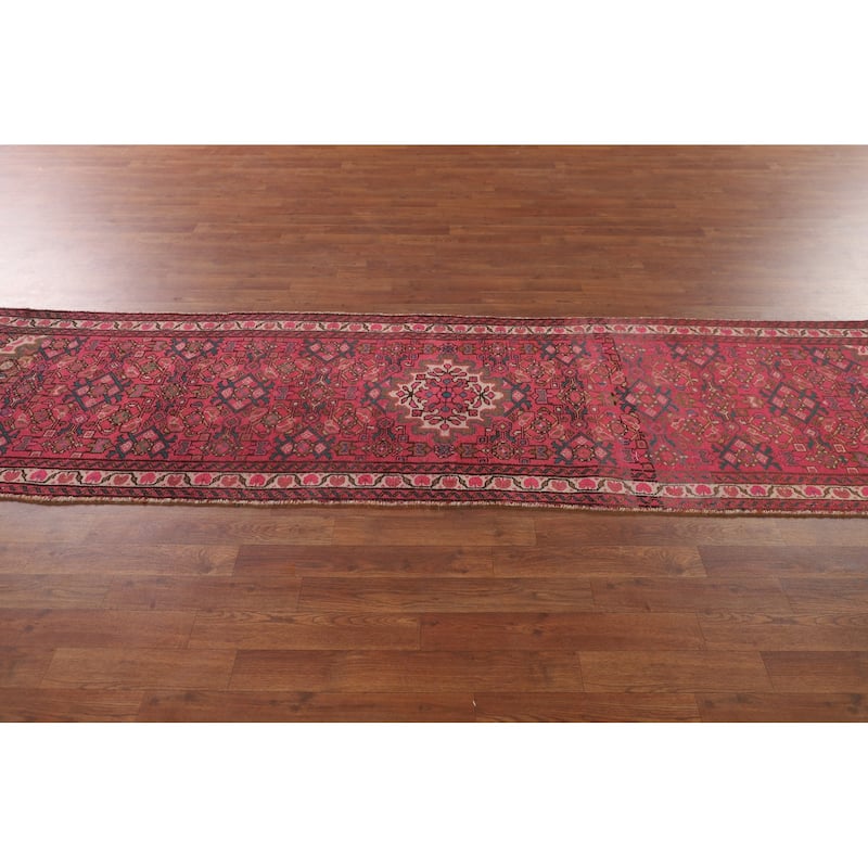Fuchsia Hamedan Persian Vintage Runner Rug Handmade Wool Carpet - 2'7"x 9'10"