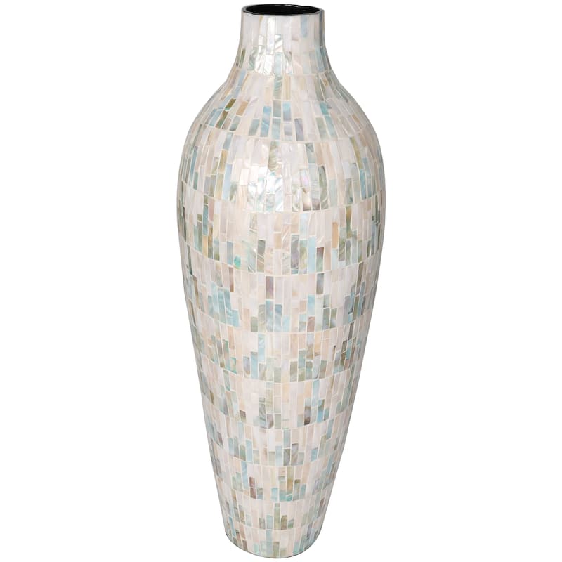 White Mother of Pearl Shell Handmade Mosaic Inspired Decorative Vase with Pastel Blue and Pink Accents