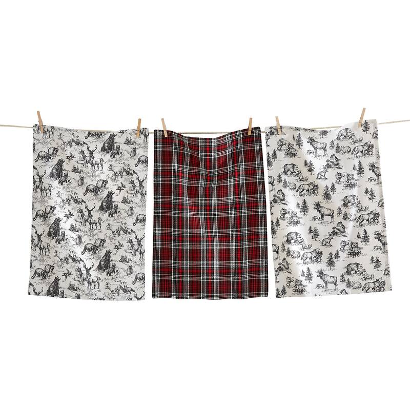 Woodland Animals Dishtowel Set of 3 - Multicolor Cotton Kitchen Towels for Christmas - Machine Washable 13x26 in