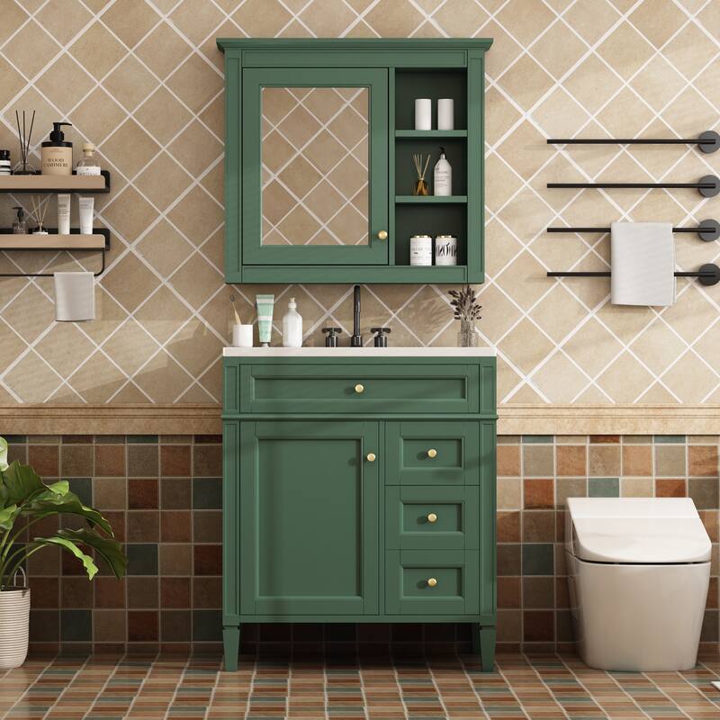 GDFStudio - Montvale Modern Freestanding Bathroom Vanity Set with Mirror Cabinet, Resin Sink & a Tip-out Drawer - 30'W - Green