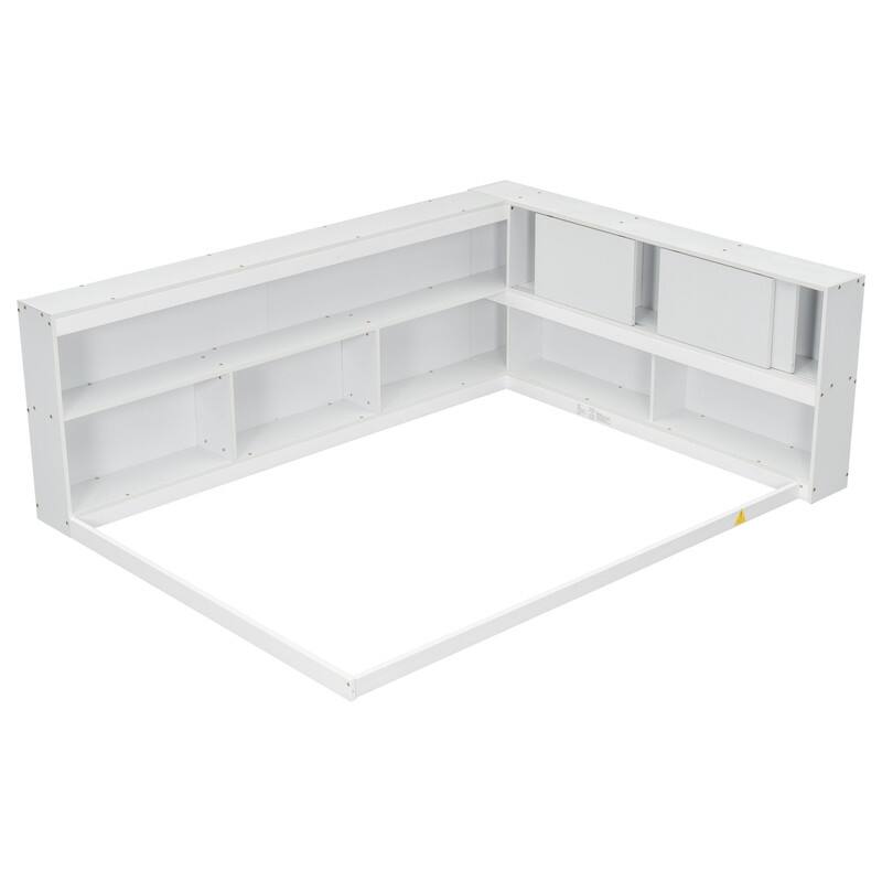 Full Size Wood Floor Bed with L Shape Bookcases,Without Slats