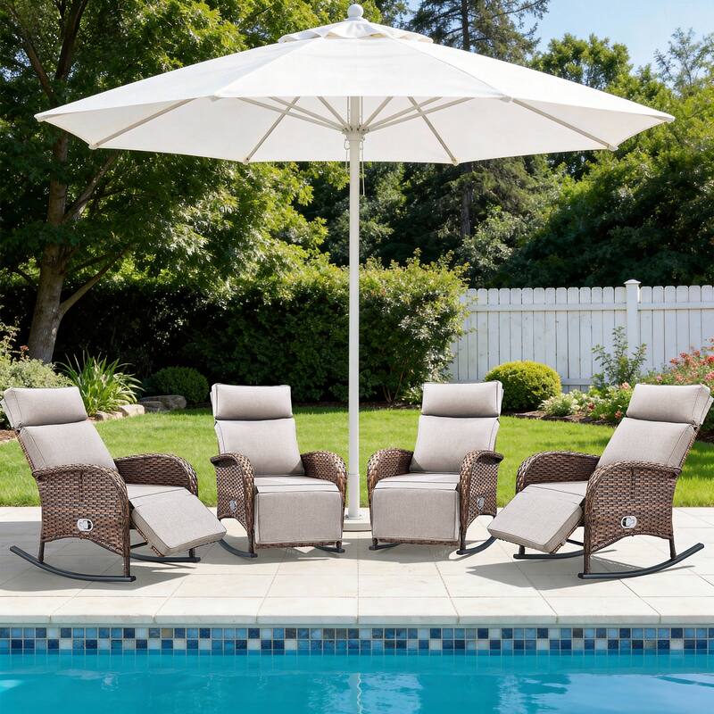 Pocassy Versatile Outdoor Recliner Rocker Chair with Table Set - Brown Wicker with Beige Cushion - 4-Piece Rocker Recliner Chair