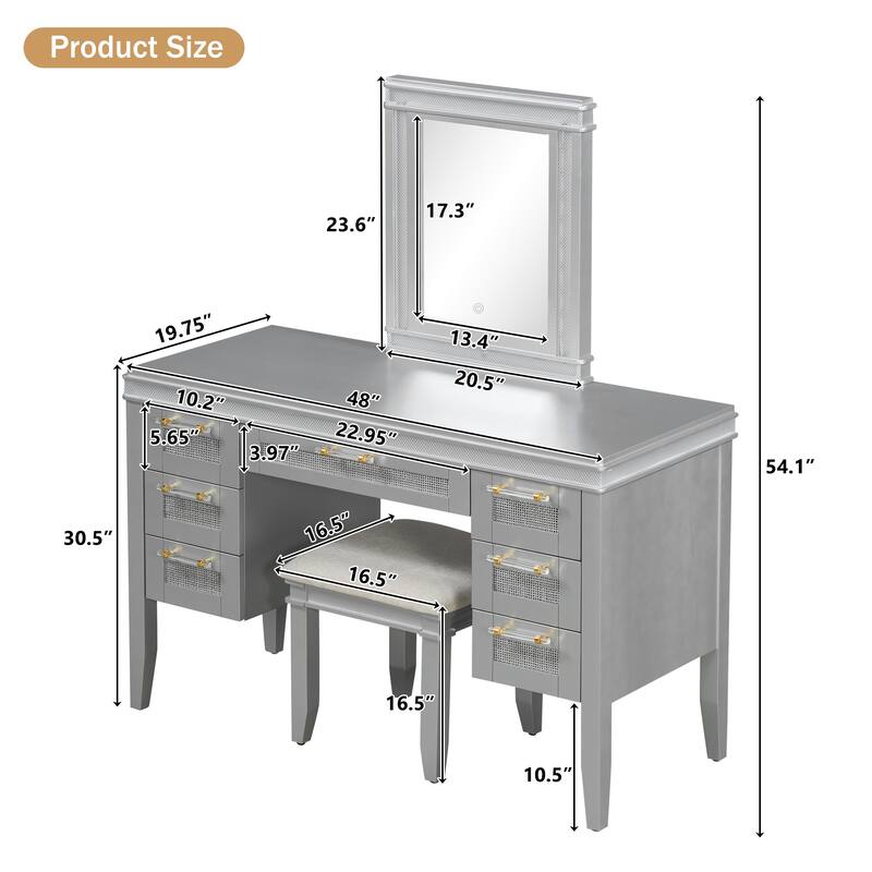 48" Vanity Desk with Mirror and Lights, Makeup Vanity with 7 Drawers and Cushioned Stool, with Hollow Design Drawer