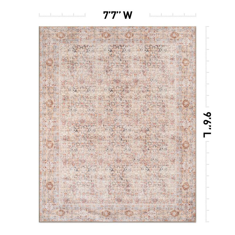 Terracotta Floral Washable Rug - Allover Pattern, Flat Pile