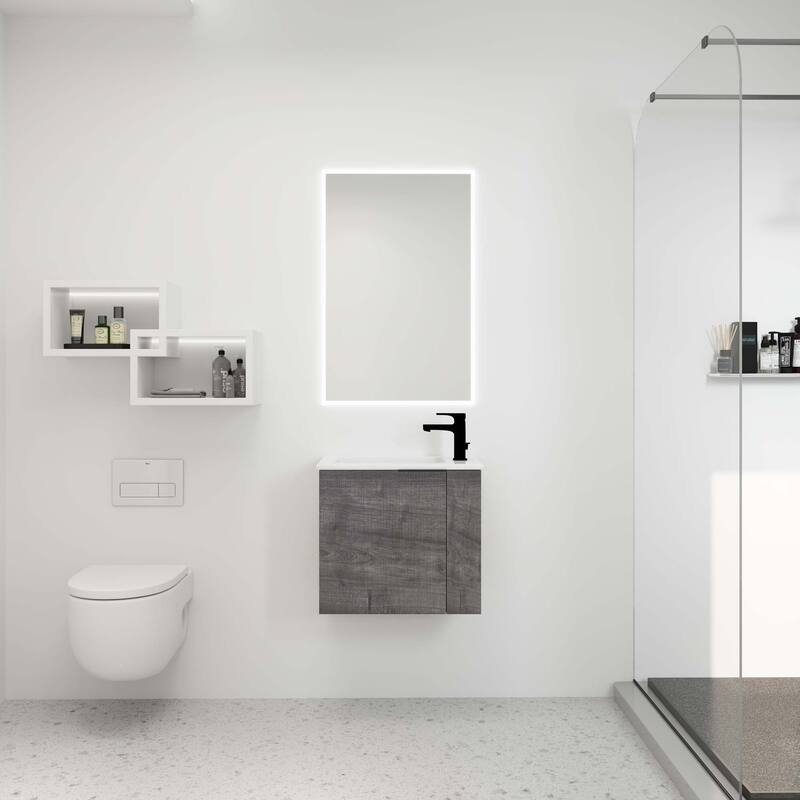 22 inch Plywood Wall-Mounted Bathroom Vanity in Grey Oak with Integrated Ceramic Sink in White with Soft Closing Door