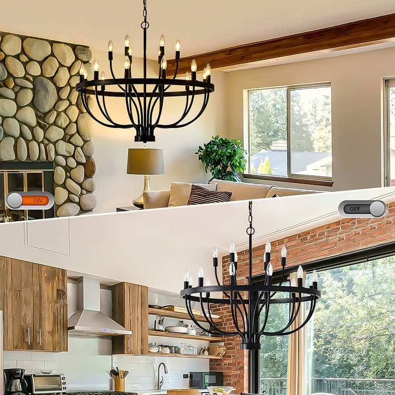 Classic Wagon Wheel Chandelier - Adjustable Rustic Ceiling Light with Matte Black Finish