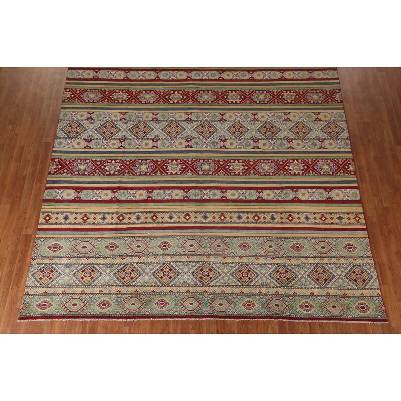 Striped Kazak Geometric Area Rug Wool Carpet - 9'10" x 12'9"
