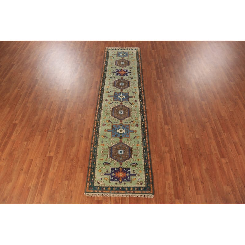 Light Green Khotan Indian Runner Rug Handmade Wool Carpet - 2'5"x 9'10"