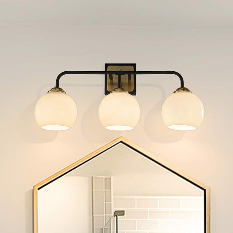 3-Light Modern Elegant Brass And Black Bathrooom Vanity Light with Round/Square Milk White Glass Shades - W22''