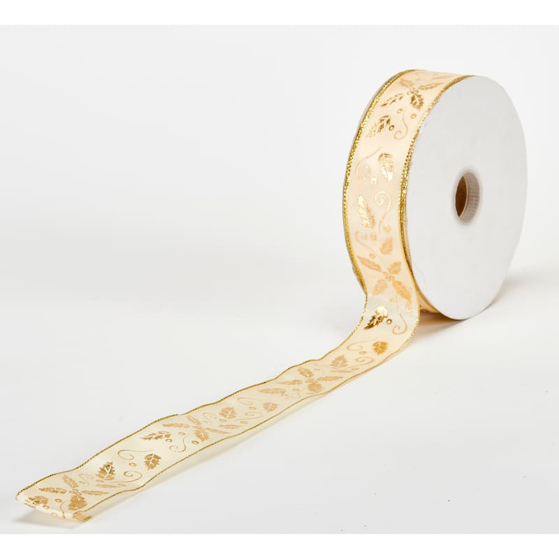 Champagne Holly Leaf Wired Ribbon 50 YD