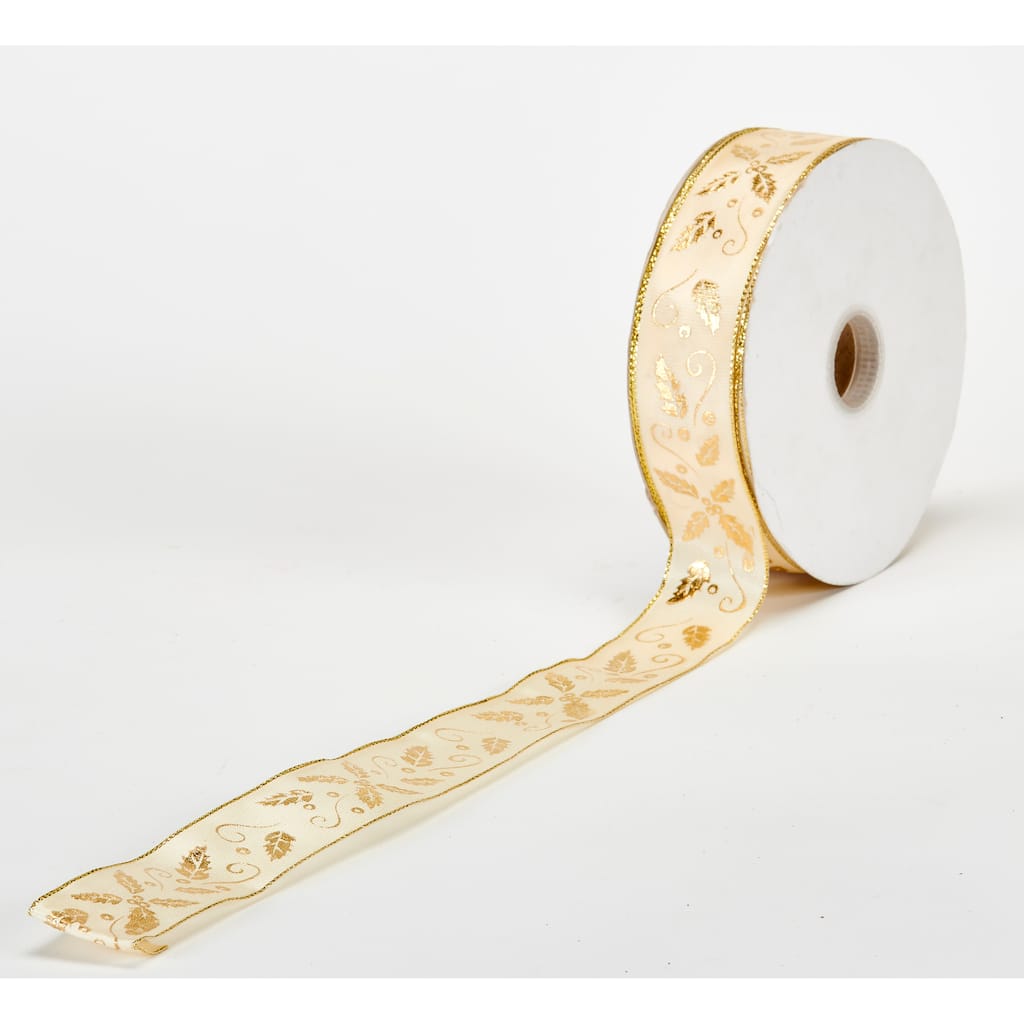 Champagne Holly Leaf Wired Ribbon 50 YD