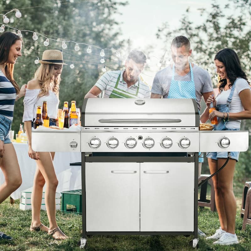 Outdoor BBQ Gas Grill - 58K BTU, Stainless Steel, with Stove & Side Table, perfect for camping, picnics, and gatherings