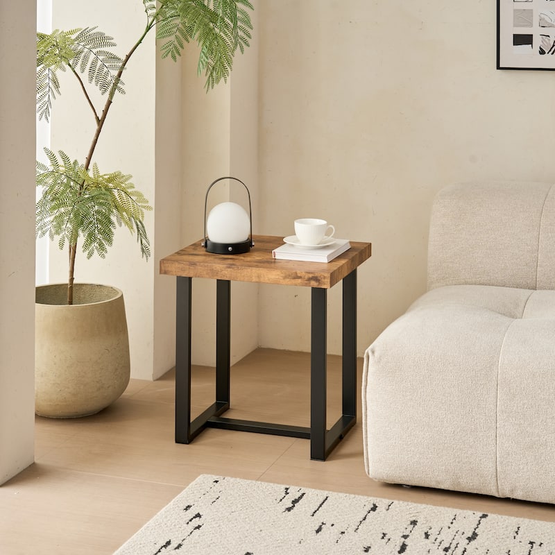 2 Pieces Small Tea Table,Walnut Night Stand,MDF Side Table, Sofa Table with Metal Leg