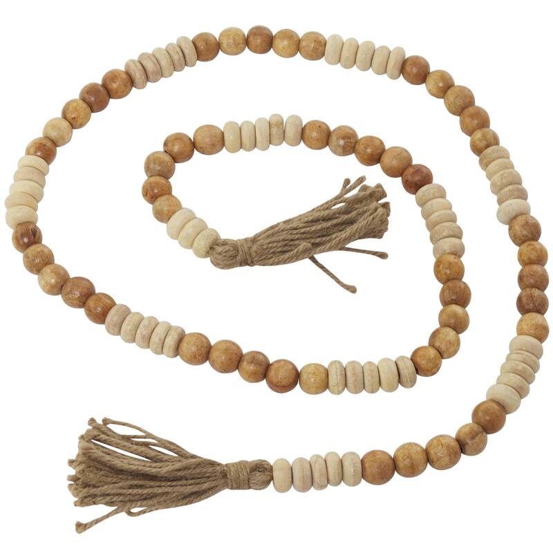 Mango Wood Handmade Round Long Carved Beaded Garland with Tassel - Brown - Roche River Decor