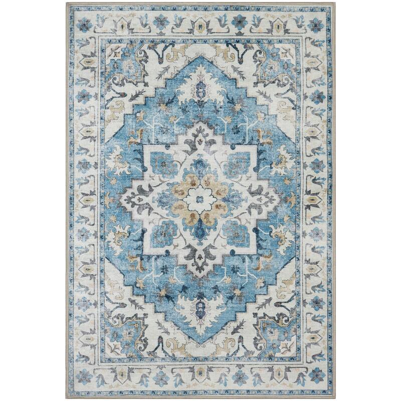 Washable Non-Slip Area Rug,Stain Resistant Low-Pile Carpet,8X10 - 8' X 10' - Blue/White