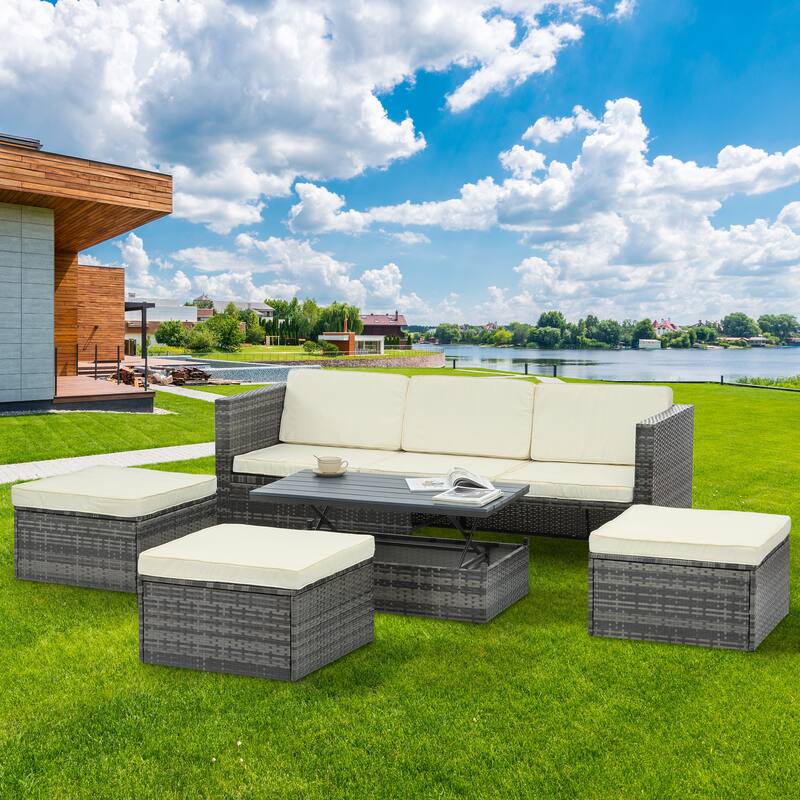 5 Piece Outdoor PE Wicker Sofa Set, Patio Conversation Furniture Set with Lift TOP Coffee Table and Lounger Sofa