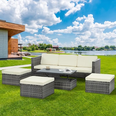 5-Piece Patio Furniture, Outdoor Furniture, Wicker Furniture with Plywood Coffee Table and lift Coffee Table