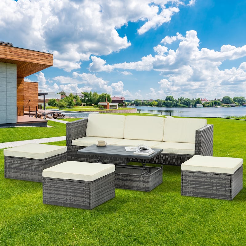 5 Pieces PE Wicker Outdoor Sectional Sofa Set with Lift-Top Coffee Table