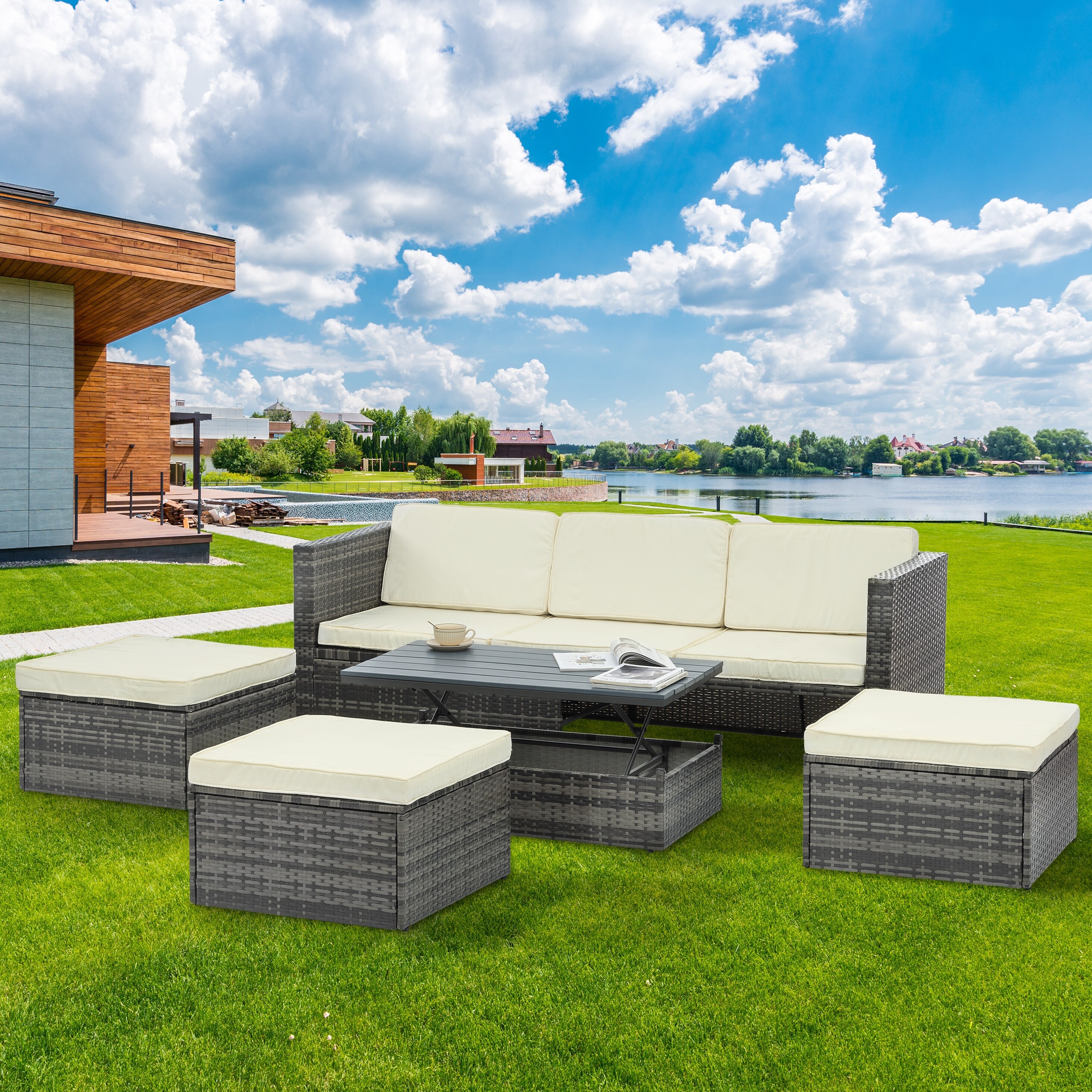 Beige Pe Wicker 5 Piece Patio Set with Lift Top Table