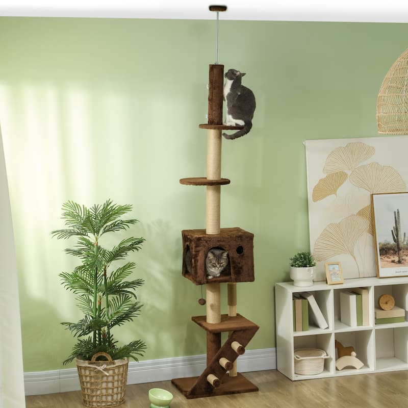PawHut Floor to Ceiling Cat Tree Cat Tower, Adjustable Height 89"-104" with Cat Condo, Scratching Posts, Brown