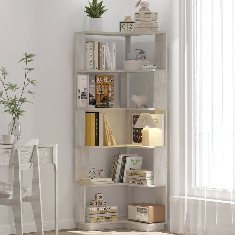 GDFStudio - Elysande Wood Corner Bookcase with 6-Tier Anti-Fall Design