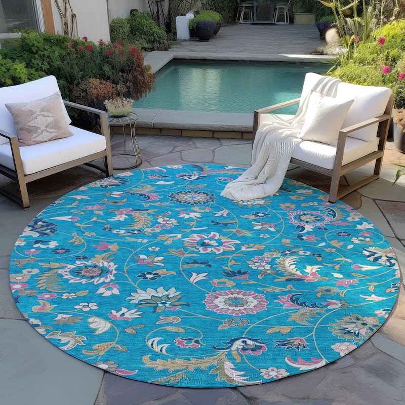 Machine Washable Indoor/ Outdoor Traditional Chantille Rug - Teal - 8' x 8'
