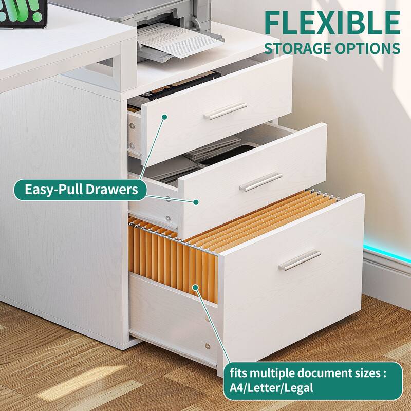 Moasis L Shaped Office Home LED Computer Gaming Desk with Drawers and Storage Shelves