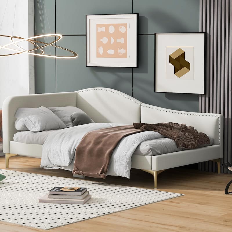 Nestfair Upholstered Daybed with Headboard and Armrest, Support Legs - Beige - Twin