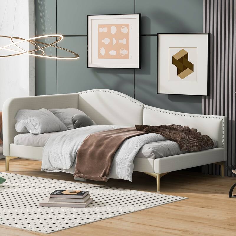 Twin Size Upholstered Daybed with Headboard and Armrest, Support Legs - Beige