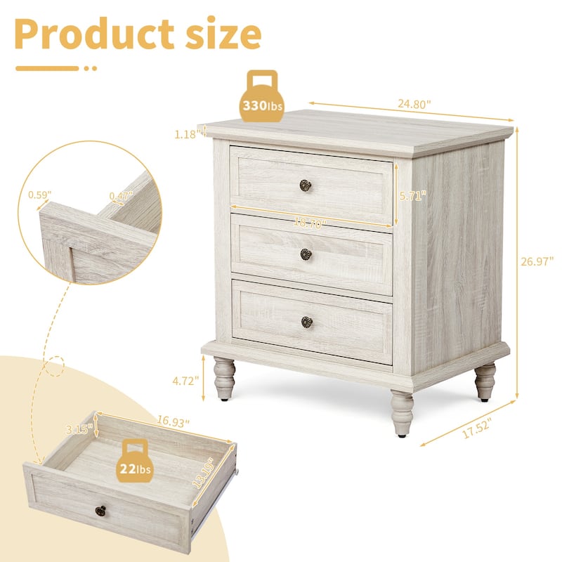Wood 3-Drawer Nightstand with Rustic Finish and Storage