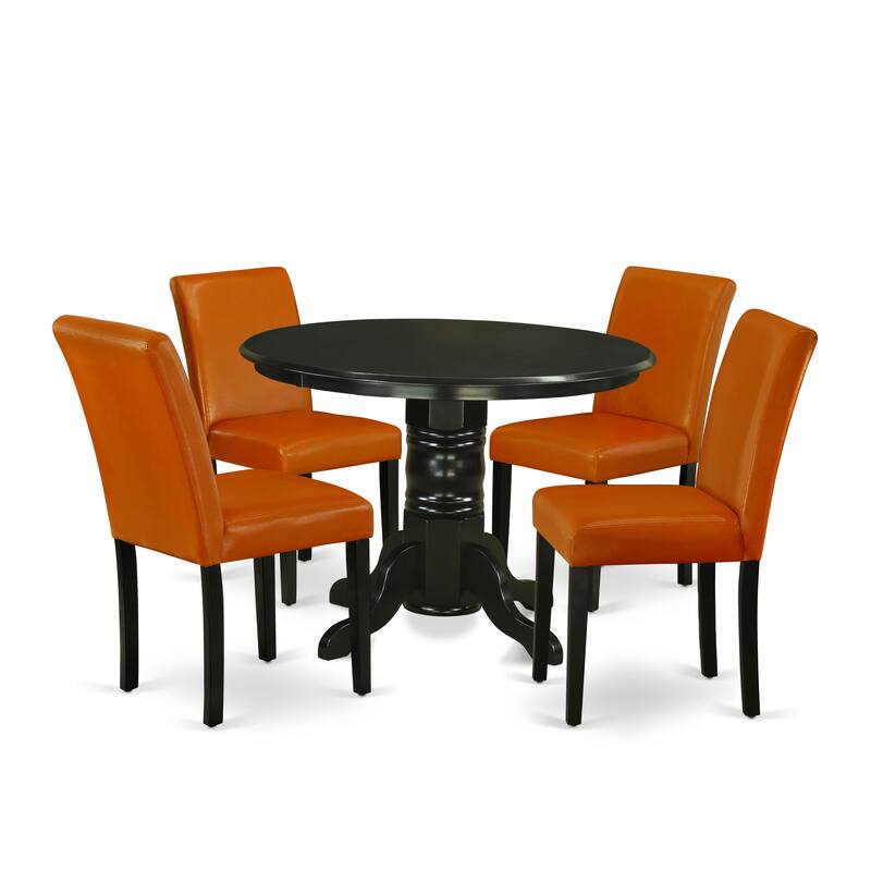 East West Furniture Dining Table Set a Round Dining Room Table and Baked Bean Faux Leather