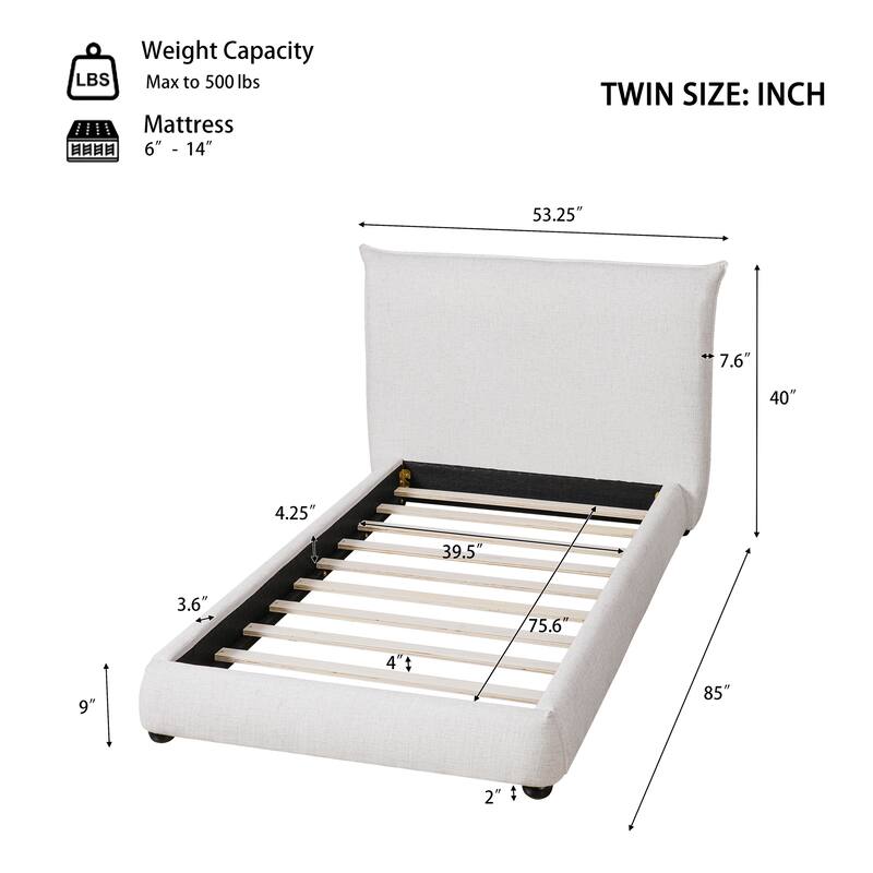 Twin Size Upholstered Platform Bed with Linen Pillow-Back Headboard