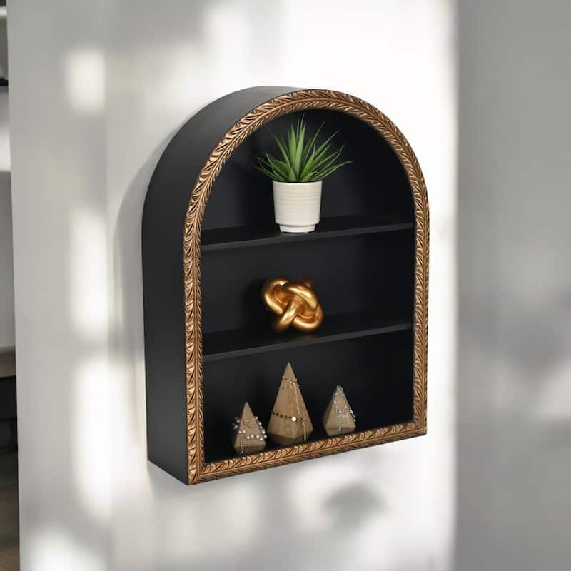 Mireza Ornate Framed Black & Gold 3 Tier Wooden Wall Shelf - Black and Gold