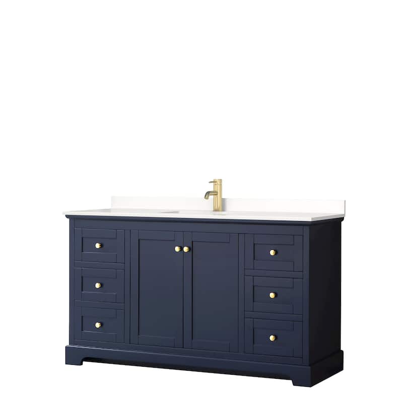Avery 60-inch Single Vanity, Quartz Top - Dark Blue, Gold Trim, White Quartz Top