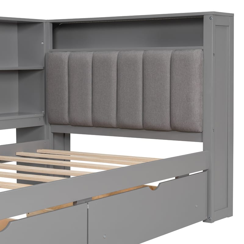 LED Platform Daybed, Wooden Sofa Bed Frame with Built In Desk, Charging Station, Upholstered Headboard, 2 Drawers and Shelves