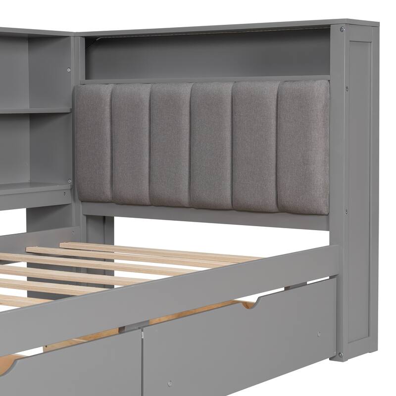 Wood Daybed Twin Size Platform Bed with Storage Shelves, Drawers, Charging Station, Desk, LED and Upholstered Cushion Headboard