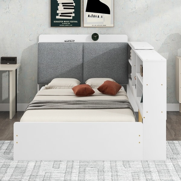 slide 2 of 9, Twin Size Platform Bed with Storage Headboard, Pine Wooden Bed with Shelves, Storage Bed with 2 Drawers, Modern White