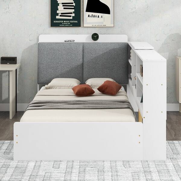 slide 2 of 25, Twin Wooden Platform Bed Frame with Upholstered Storage Headboard White - Twin