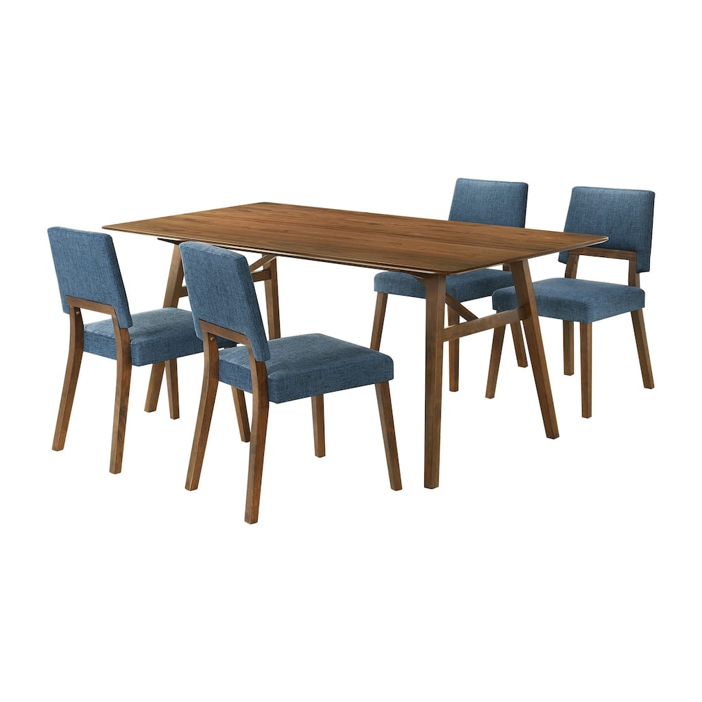 Yumi 5 Piece Dining Table Set with 4 Chairs in Soft Blue Fabric, Wood Brown