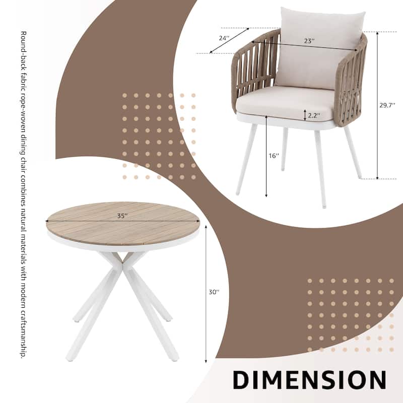 Acacia Wood Outdoor Dining Set - Round Table with 4 Metal Frame Rope Chairs