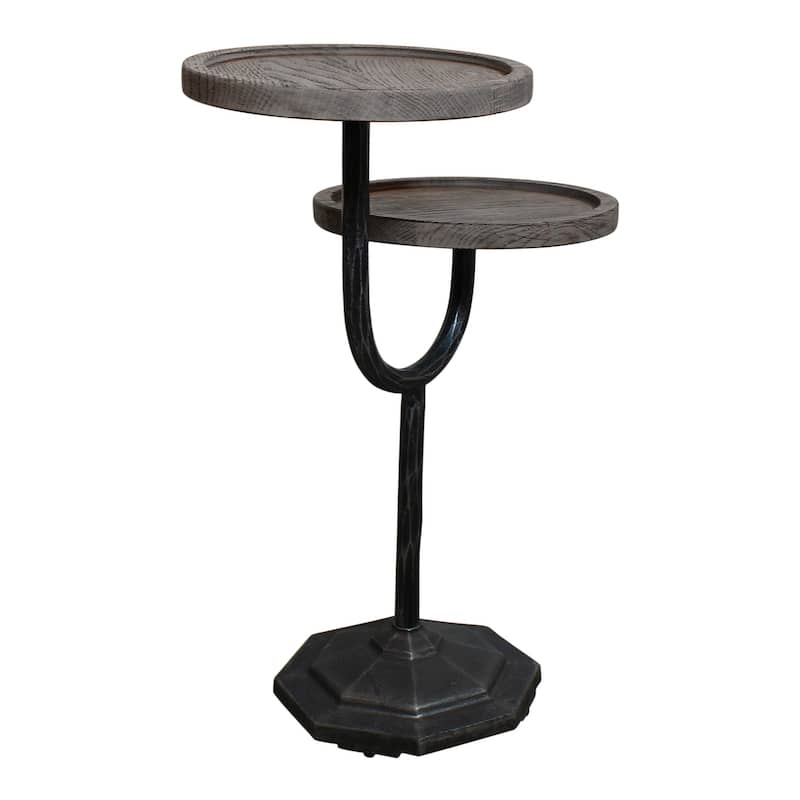 HomeRoots 19" Natural and Black Solid Wood and Iron Round Double Tray Top End Table - 12 in. x 19 in. x 26 in.