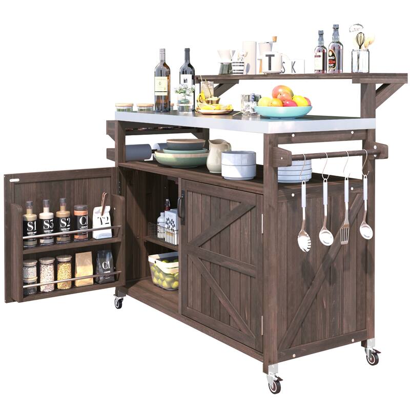 53.3" Outdoor Kitchen Island with Raised Shelf,Solid Wood Storage Cabinet with Stainless Steel Top(NO CHAIR) - N/A