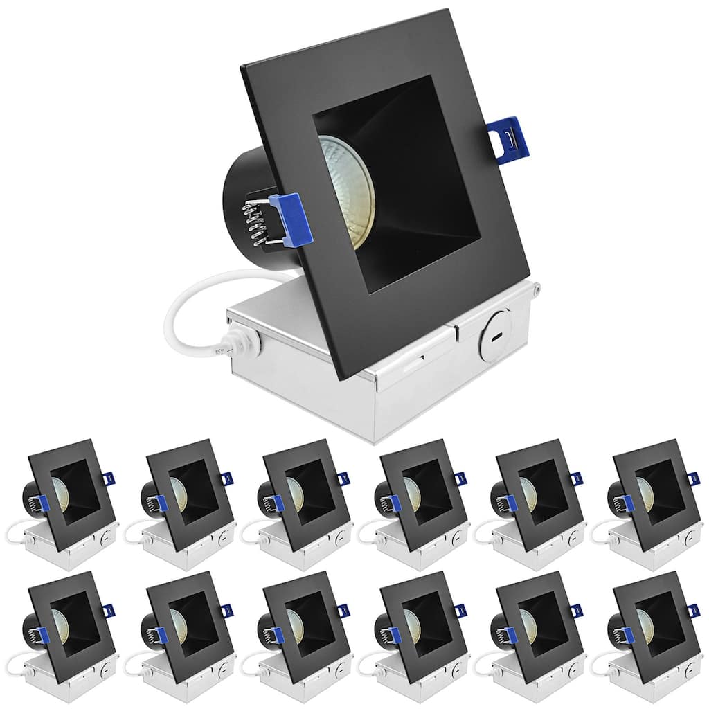 Luxrite 4 in. Square LED Recessed Ceiling Light J-Box 12W 5CCT 840 Lumens Wet Rated Black Trim 12 Pack