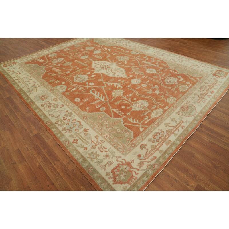 Orange Wool Floral Oushak Vegetable Dye Area Rug, Floral Geometric Carpet - 11' 9'' X 9' 0''