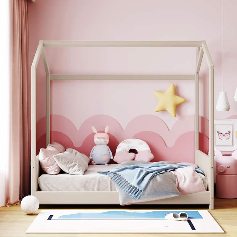 Beige Full Size Velvet House Bed Frame for Kids with Roof Design & Modern Headboard, Solid Wood Construction